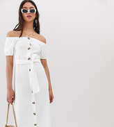 asos design bardot mini broderie sundress with faux tortoiseshell belt