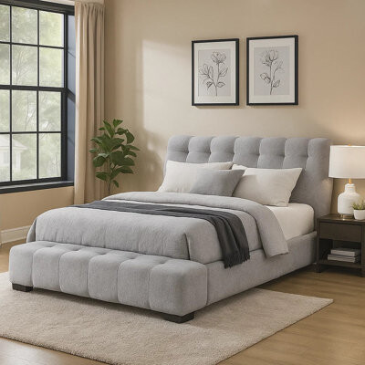 Benjara Nah Queen Platform Bed With Bench, Grid Tufted, Channeled Gray Chenille