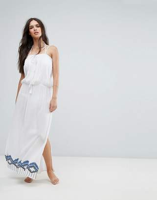 Liquorish Embroidered Beach Maxi Dress With Embroidered Hem and Coin Trim