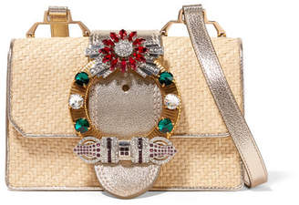 Miu Miu Miu Lady Embellished Raffia And Textured-leather Shoulder Bag - Gold