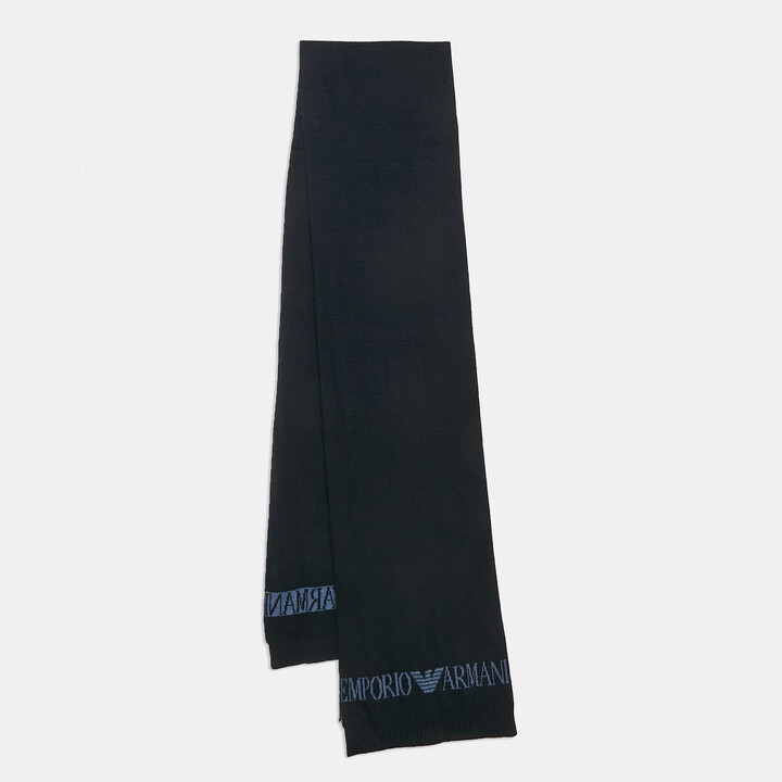 Emporio Armani Navy Blue Rib Knit Logo Intarsia Scarf