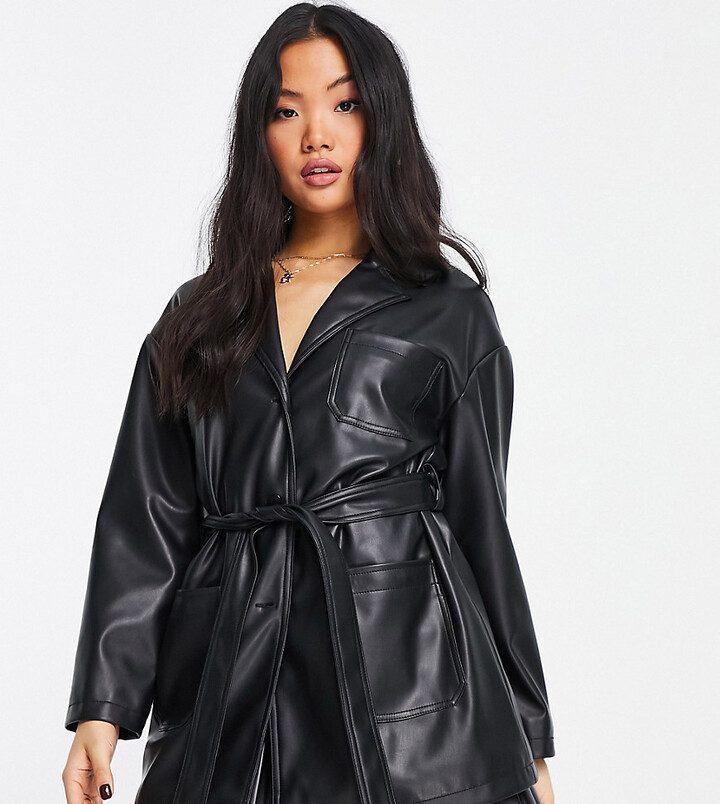 Topshop Petite faux leather belted shirt jacket with revere collar in black  - ShopStyle