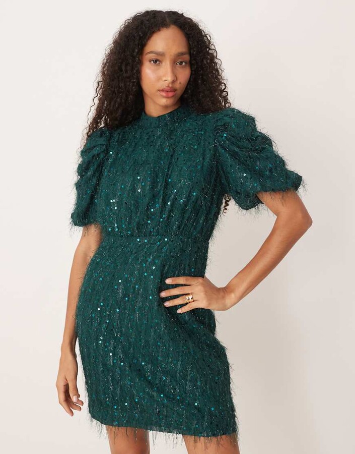 Y.A.S fluffy textured sequin mini dress in dark green