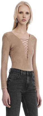 Alexander Wang Stretch Faux Suede Long Sleeve Lace-Up Bodysuit