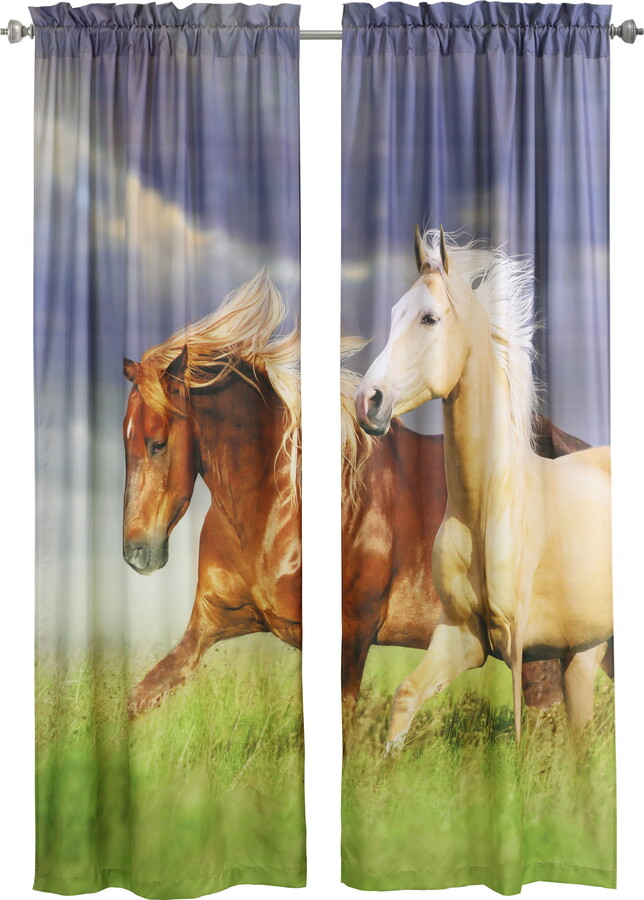 Loft Living Real Horses Light-Filtering Digital Panoramic Print Curtain Pair 74" x 84" in Multi