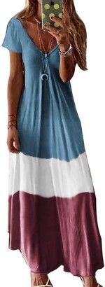 Onsoyours Summer Maxi Dresses Short Sleeve V Neck Gradient Striped Color Block Boho Long Beach Dress Plus Size for Women A Blue 14