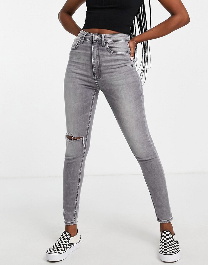 Stradivarius super high waist skinny jean with rip in gray - ShopStyle