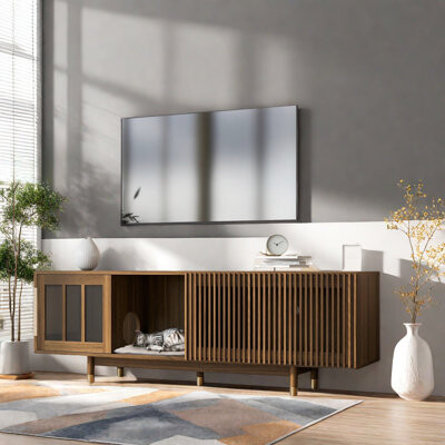 George Oliver Mid-century Tv Stand Cat House With Sliding Door And Flip-down Door Cat Scratcher And Cat Cushion