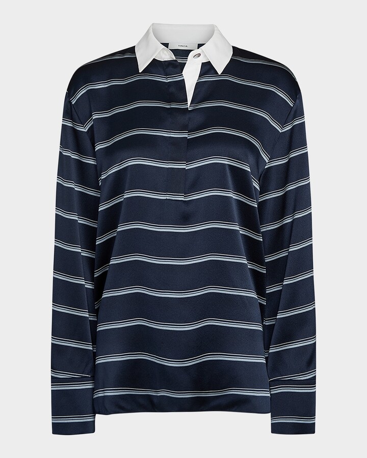 Vince Long-Sleeve Stripe Silk Rugby Shirt