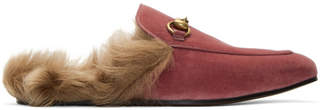 Gucci Pink Velvet Fur Princetown Slippers