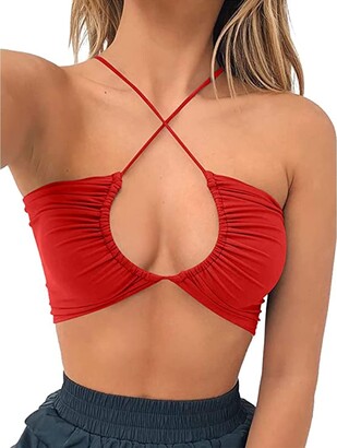 Beautmell Women Sexy Criss Cross Halter Neck Cutout Ruched Crop Tops Tie  Backless Tie Dye Tees Bandage Wrap Top (Red - ShopStyle