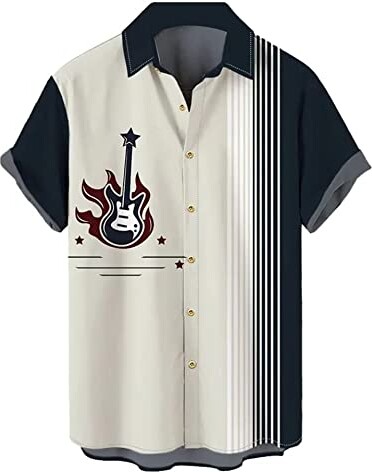 Lzzidou Men's Vintage Bowling Shirt 1950s Retro Rockabilly Style Short ...