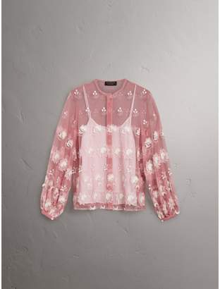 Burberry Puff-sleeve Embroidered Tulle Blouse
