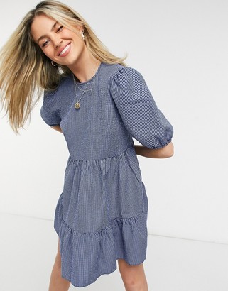 New Look puff sleeve mini babydoll smock dress in blue check