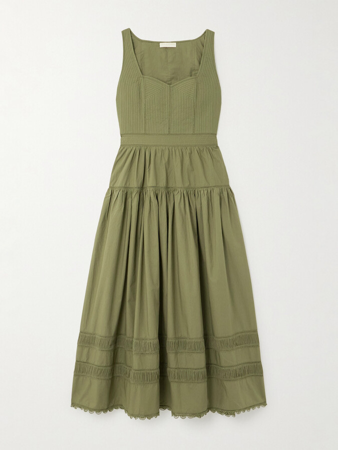 Ulla Johnson Isadora Tiered Lace-trimmed Cotton-poplin Midi Dress - Green