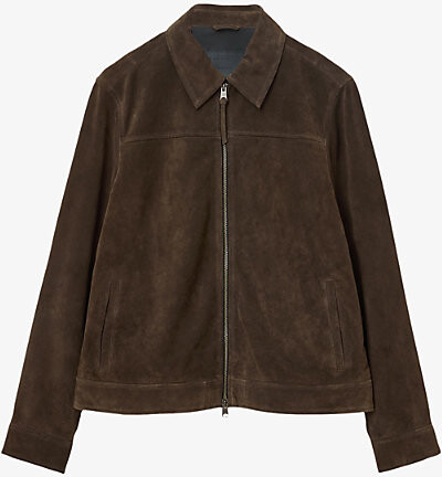 AllSaints Mens Cocoa Brown Rhone Collared Suede Jacket L