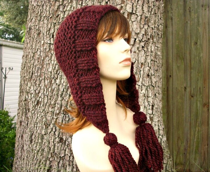 Etsy Chunky Knit Hat, Womens Mens Winter Hood, Earflap Ear Flap Tassel Claret Burgundy