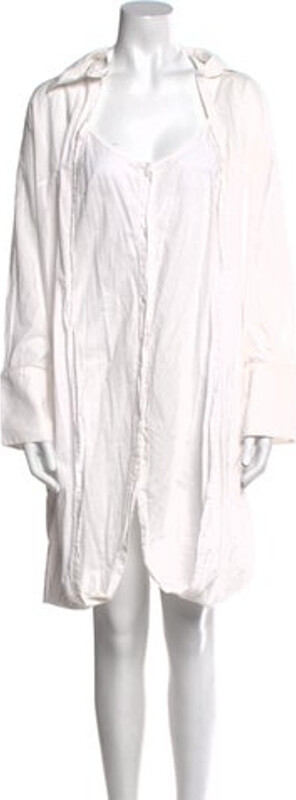 IOANNES Tent Dress White Long Sleeve with V-Neck Button Closure at Front