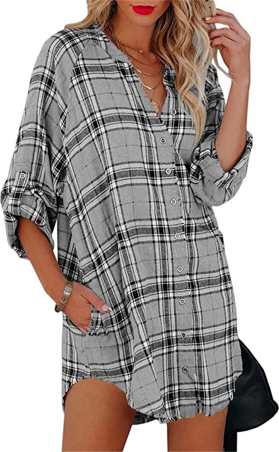 Womens Notch V Neck Short Sleeve Plaid Shirts Button Pleated Tie Knot Tunic Tops 