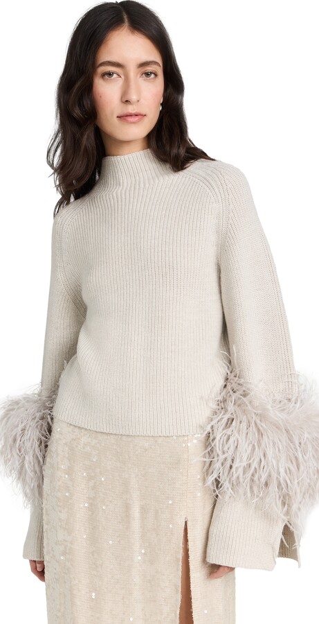 Sally LaPointe Merino Wool Cropped Raglan Slit Sleeve with Ostrich Feathers