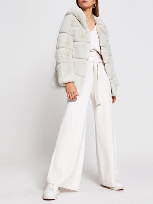 River Island Faux Fur Panelled Hooded Coat - Cream