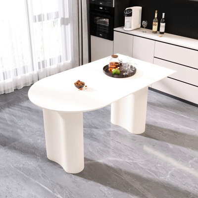 Ivy Bronx Modern 63 - Inch Cream Dining Table For 4 8 People's Entertaining In Kitchen Area, Irregular Side Table, Thick Wave Legs, And Comfortable Atmosphere D