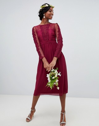 TFNC Tall lace detail bridesmaid midi dress in burgundy