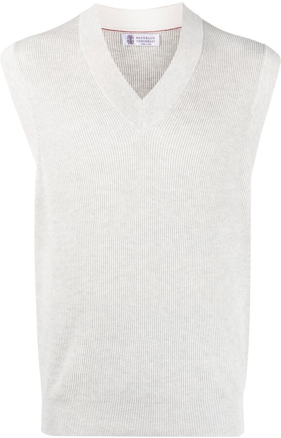 Men Bowling White V Neck Sleeveless Knitted Ribbed Vest Top Adult Sports Sweater 