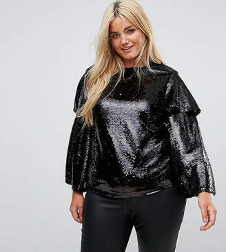 Fashion Union Plus Blouse Sequin Top With Ruffle Sleeves