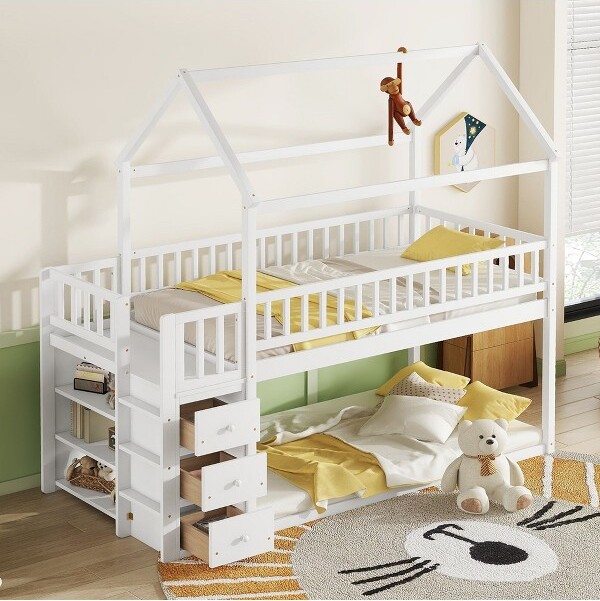 OkakTwinOverTwinWoodHouseBunkBedwithSlide&SafetyGuardrailLoftBunkBedwithLadderforKidsTeens,EasyAssemble,White