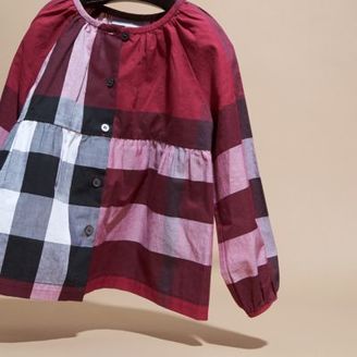 Burberry Puff Sleeve Check Cotton Blouse