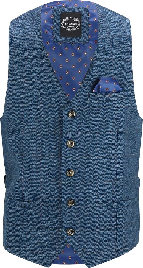 New Mens Wool Mix Herringbone Tweed Vintage Collar Waistcoat Tailored Fit Vest E