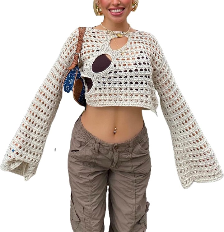 Meihuida Women Crochet Top Sweater Y2k Sexy Hollow Out Long Sleeve