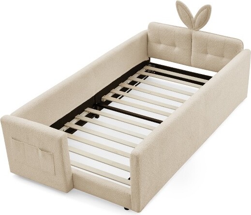 GulchesCamelSolidWoodPlywoodFrameTwinPlatformBedwithRabbitEarHeadboardSafetyRailStoragePocketBoucleFabric