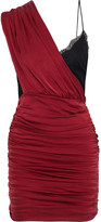 Thumbnail for your product : Alice + Olivia Bianca Lace-paneled Ruched Washed Stretch-silk Mini Dress