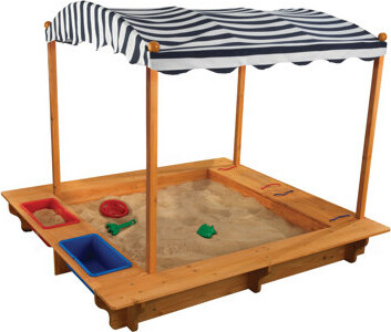 Kid Kraft Outdoor Covered Wooden Sandbox with Bins and Striped Navy & White Canopy