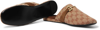 Gucci Pericle Horsebit Suede-Trimmed Monogrammed Canvas Slippers