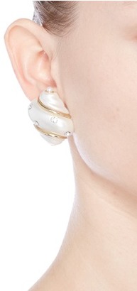 Kenneth Jay Lane Glass crystal gold plated shell clip earrings