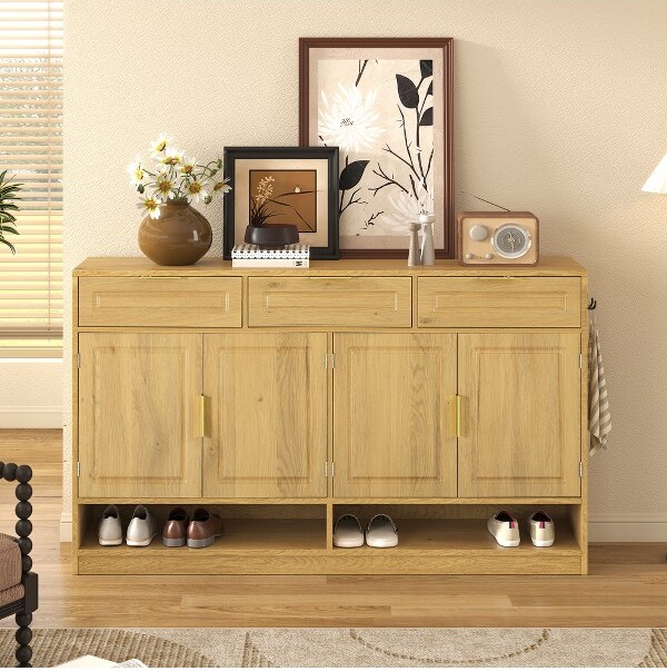 RacxilyNaturalFarmhouseSideboardwith3Drawers4DoorsandAdjustableShelfforDiningRoomLivingRoomEntryway