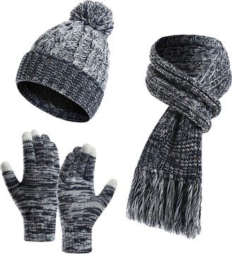 YoungSoul Womens Bobble Hat Scarf and Gloves Set Fleece Lined Beanie  Touchscreen Gloves Scarf with Tassel Navy - ShopStyle