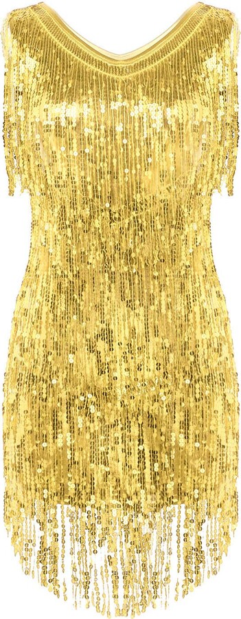 iiniim Women V Neck Sleeveless Sparkly Shiny Sequins Fringe Tassels Ballroom Dance Flapper Dress