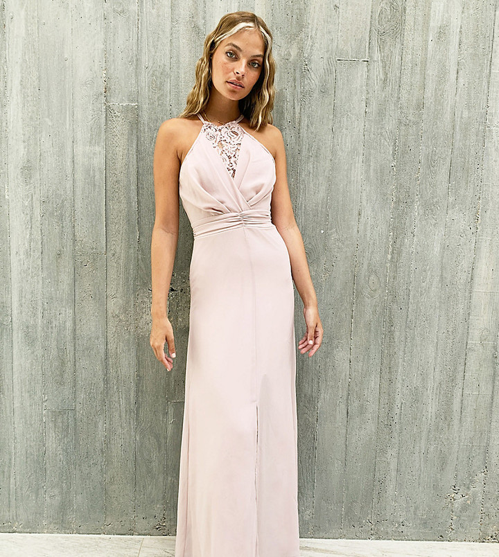 TFNC Petite bridesmaid wrap lace maxi dress in pink - ShopStyle