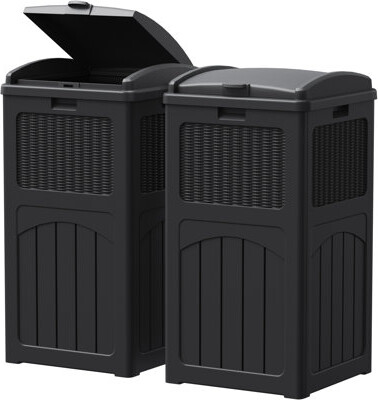 Devoko 33 Gallon Set of 2 Outdoor Plastic Trash Cans, Waterproof Manual Lift Trash Hideaway Container