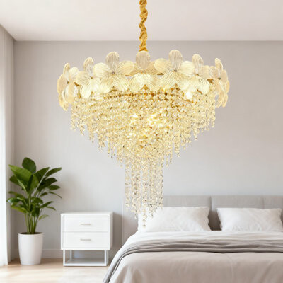 Rosdorf Park 8-Tier Crystal Chandelier With Glass Flowers 9-Light Adjustable Height Modern Chandelier For Dining Room Living Room Staircase Entryway