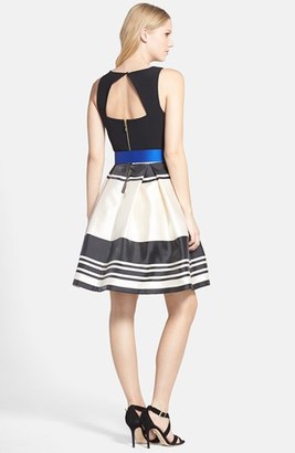 Eliza J Belted Stripe Stretch Fit & Flare Dress