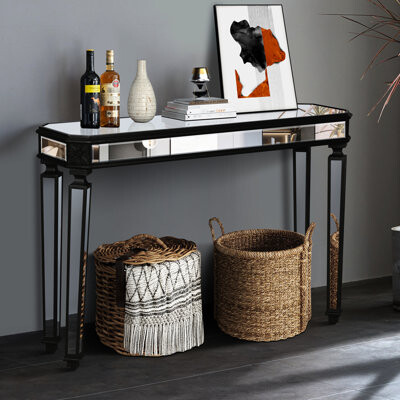 Console Table With Vintage Carving & Mirror Elements, Oval Shape For Living Room - Black Silver, 48"W X 32.7"H 14"D, Solid Wood + Glass Mirrored Proce