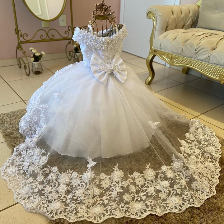 gdybao White Pearls Flower Girl Dress For Wedding Puffy Sleeveless Princess Birthday Party Beaded Tulle Christmas First Communion Gown