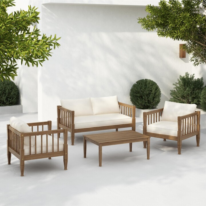 Flynama 4 Piece Light Brown Patio Conversation Set with Acacia Wood Frame Coffee Table Thick Cushions for Backyard Porch Balcony