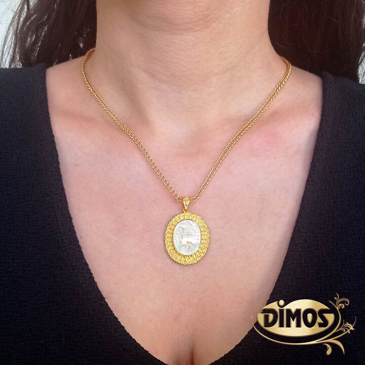 18K Gold Dove Pendant Museum Carved Mother Of Pearl, Greek Jewelry