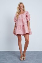 Thumbnail for your product : I SAW IT FIRST Nude Jaquard Square Neck Puff Sleeve Tiered Smock Dress